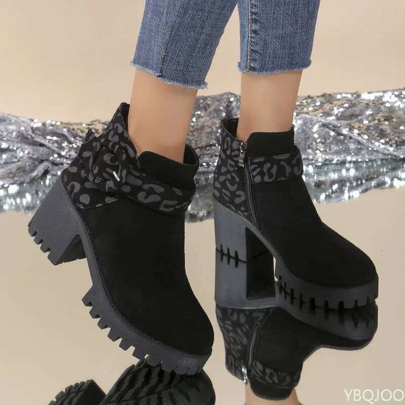 2026 Large Spring and Autumn Fashion New High Heels Thick Bottom Short Leopard Pattern Side Zipper Women's Boots