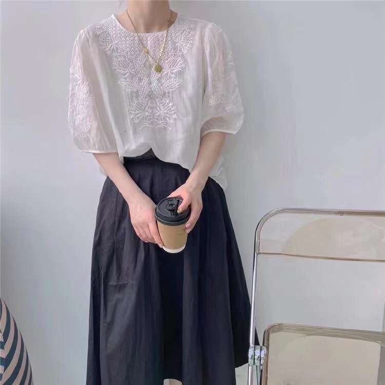 Mardi Hefxessdr Embroidered Shirt Short Sleeve Women's Bubble Sleeve Top Stylish Casual Simple Style Summer New Arrival Chinese style shirt women
