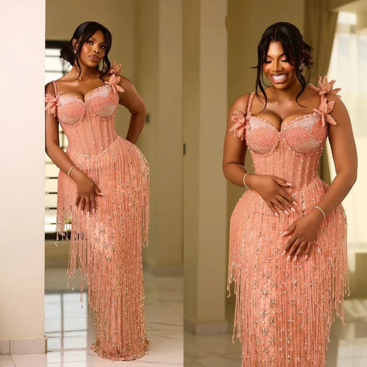 Fashion Evening Dresses For Women Crystal Tassel Appliques Gown Sweetheart Neck Spaghetti Straps Sweep Train Dress Party Custom Made
