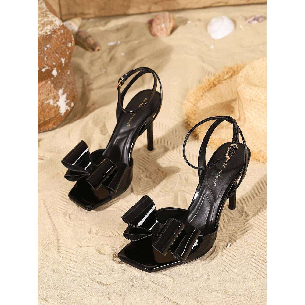2025 new women's sandals with fashionable bow design, elegant pointed-toe high heels for outdoor banquets, backless shoes