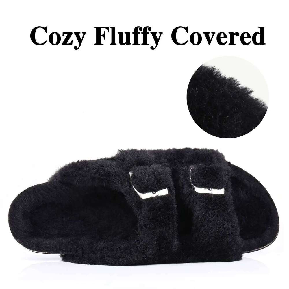 Litfun Winter Fluffy Slippers Arch Support Cork Insole Comfy Slides Furry Women's Sandals With Adjustable Buckle
