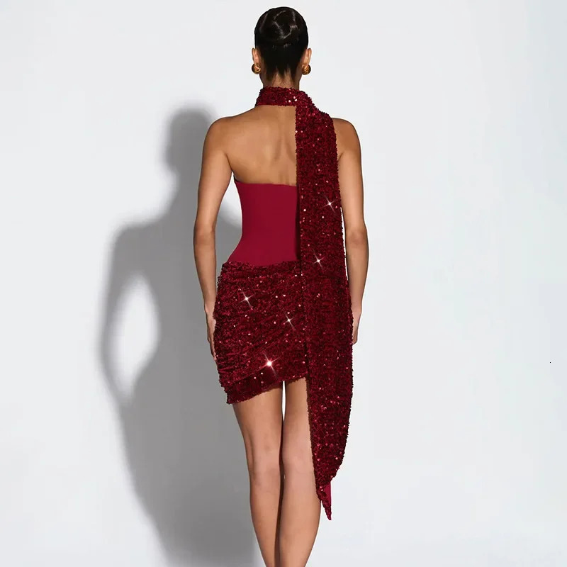 Chic Sequin Patchwork Strapless Mini Dress Women Scarf Collar Offshoulder Waist Cinching Pleated Robe Lady Evening Party Gowns 260302