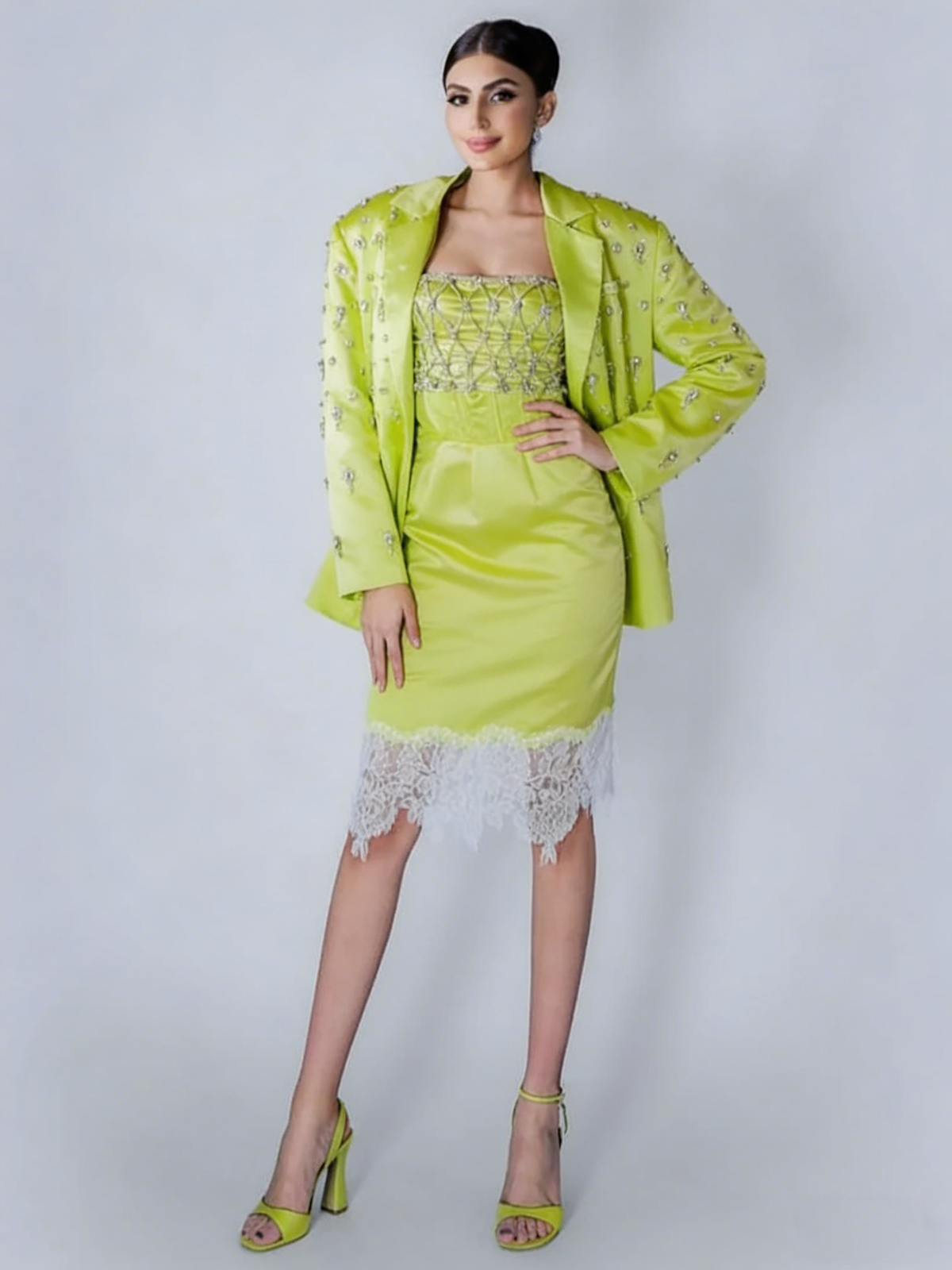 Fresh Green Pearl Beaded Women Dress Suit 2 Pieces Sheath Spaghetti Wedding Guest Mother Dress Customized Crystal Blazer Outfit
