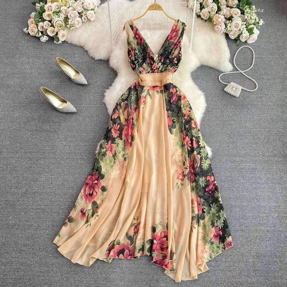 Runway Floral Print Midi Long Dress Summer Women Sleeveless Vest Tank Chiffon Dresses Ladies Mdng260306