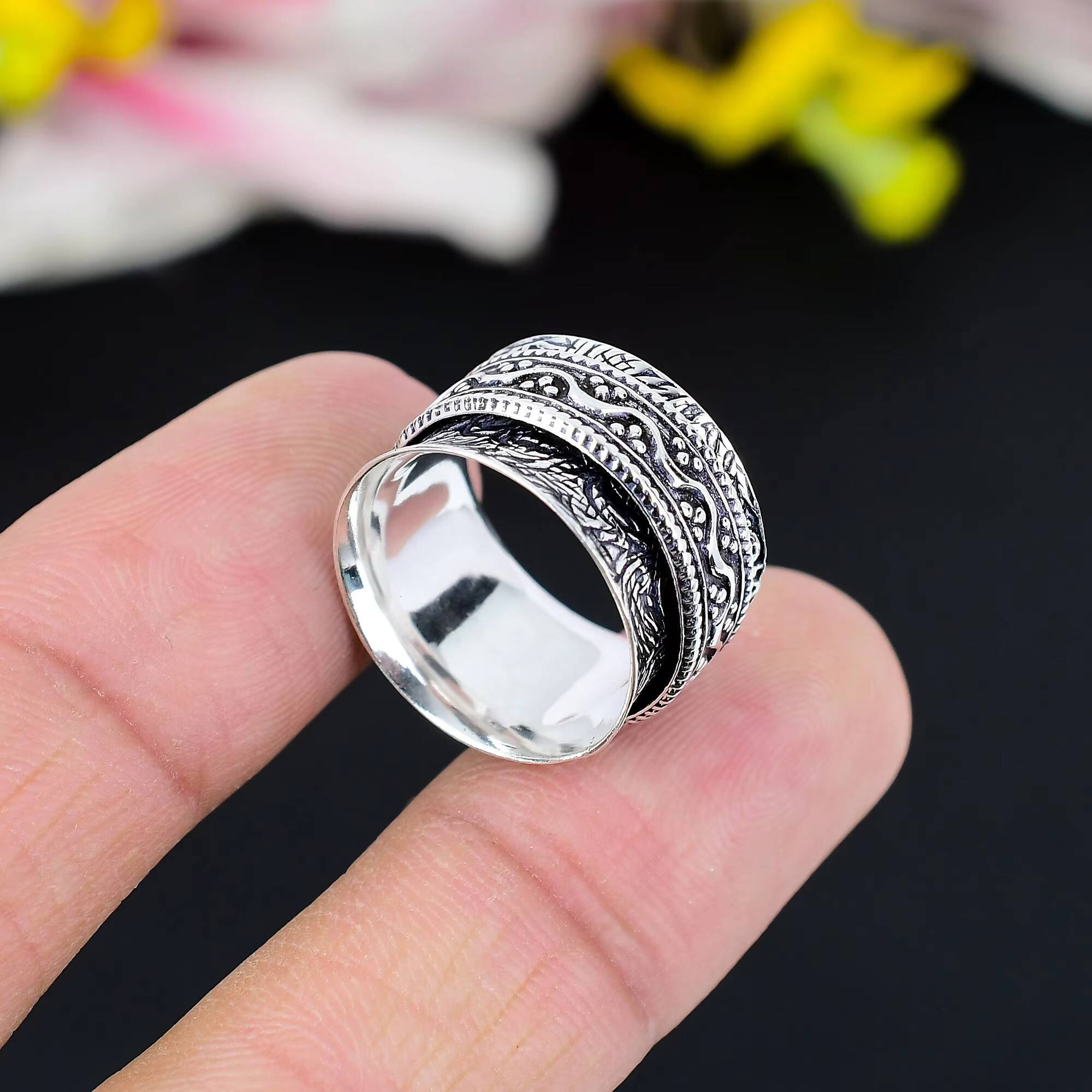 Handmade Solid German Silver Christian Boho Engagement Spinner Ring Zircon Resizable for Wedding Party Unisex Meditation Band