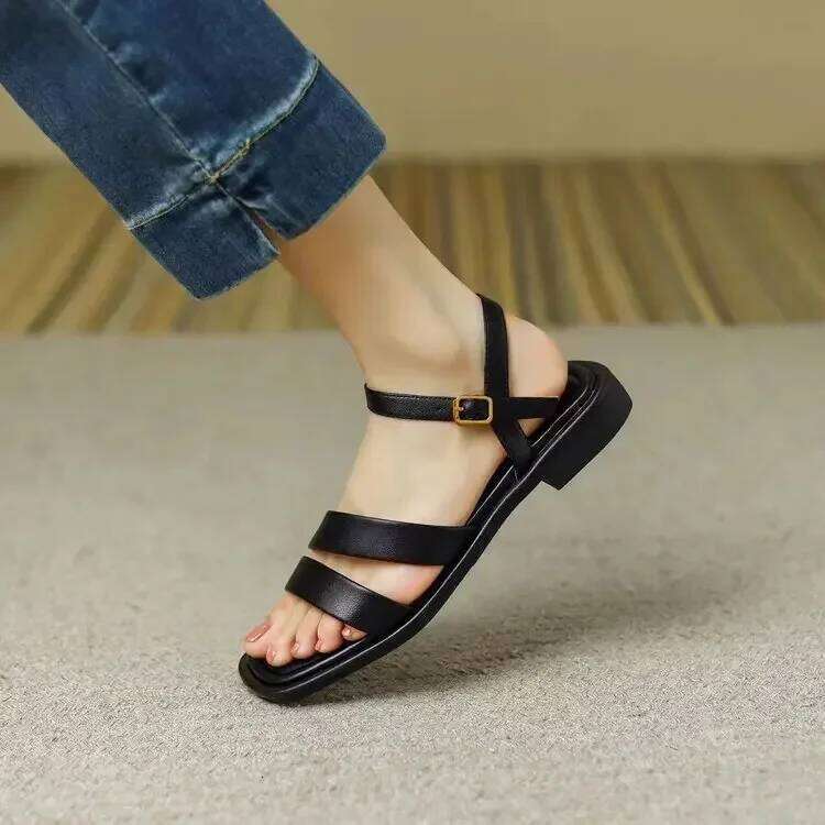 New Fashion Summer Women's Square Open Toe Platform Sandals Flat Buckle Light and Comfortable