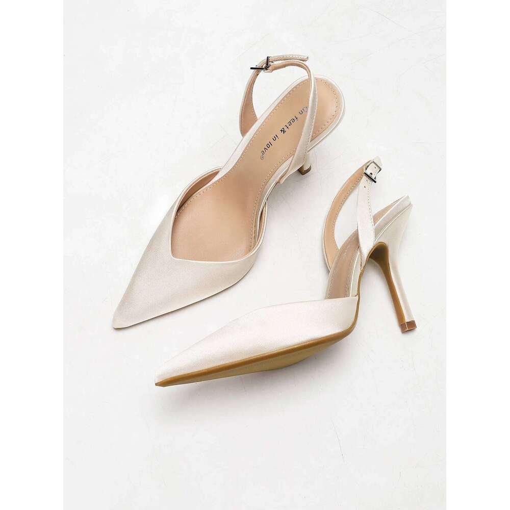 Women's Ivory Satin Pointed-Toe Slingback Heeled Sandals