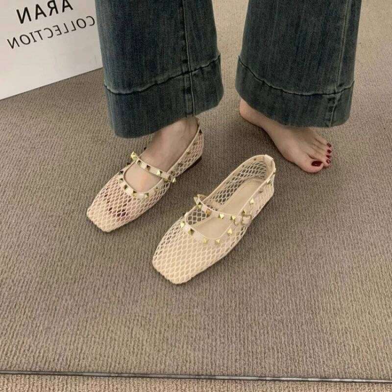 Summer Rhinestone Mesh Hollow Sandals Women Flats Shallow 2025 New Mary Jane Comfort Luxury Female Flat Shoes