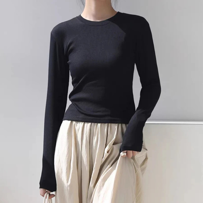 Cotton Autumn Sexy 2025 Womens T Shirt O Crew Neck Skinny Slim Basic Solid Long Sleeve Polo TShirt Casual Top Tee for Women 260228