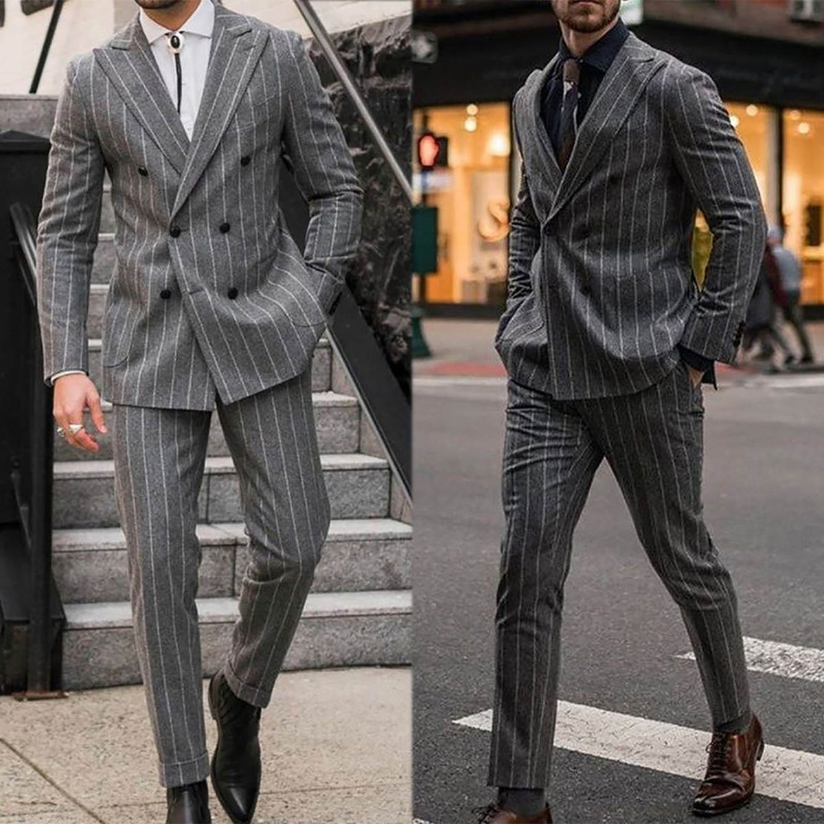 Men Wedding Tuxedos Gray Wide Stripes Peaked Lapel Blazer Prom Party Jacket Pants Groom Wear 2 Pieces Formal Sets