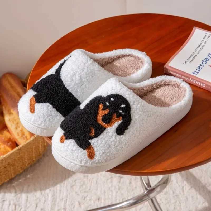 Pet Pattern Dachshund Embroidery Stuffed Home Thick Sole Plaid Furry Cotton Slippers Warm Non-slip Indoor Slippers Pet Mom Gift S260305