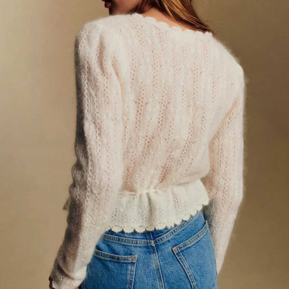 Rowan 5C862 White Jacquard Knit Cardigan Petal Edge V-Neck Long Sleeve Buttons Female Sweater Casual Lace-up Lady Top 2026 M260306