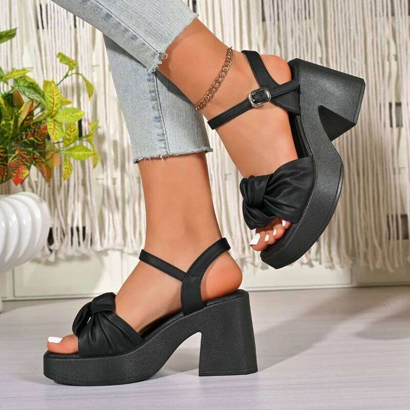 2026 new summer comfortable and elegant high-heeled sandals with fashionable temperament bow tie thick heel casual women's shoes