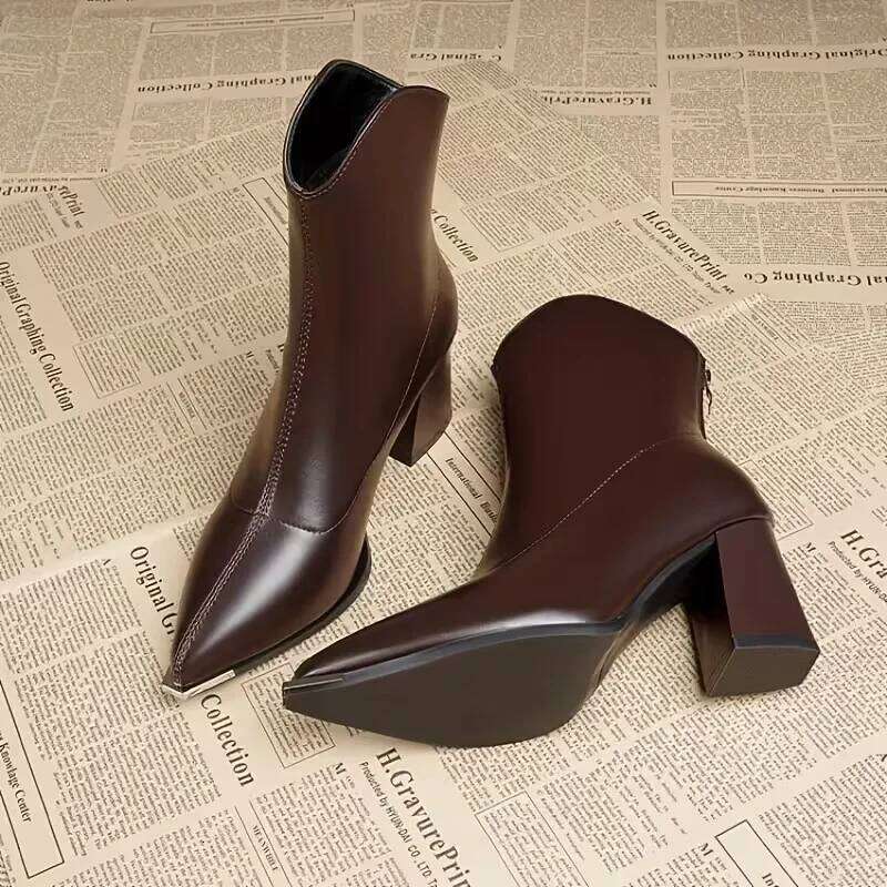 2025 Winter Women's Black Pointed Toe Cowboy - Chunky Heel Zip Ankle Patent Leather Fashion Party Boots