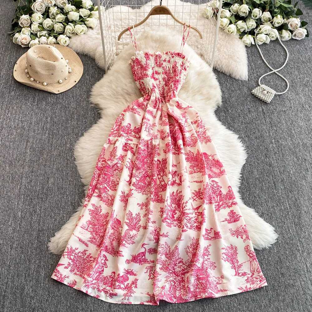 2025 New Summer Pink/Purple Flower Print Romantic Retro Party Dress Elastic High Waist Vacation Long Dress Beach Vestido X260306