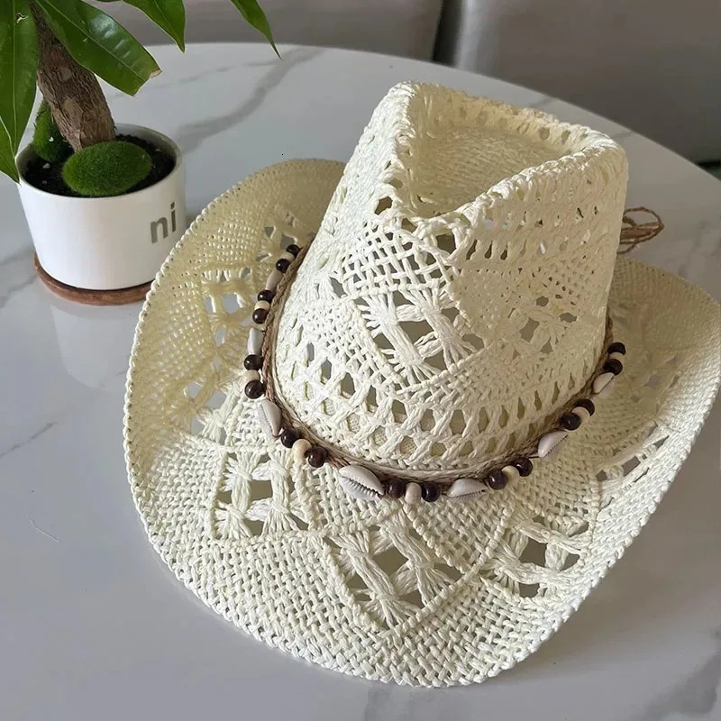 Vintage Summer Beach Bohemian Straw Hat Shell Women Men Western Cowboy Hats Wooden Beads Hollow Out Sun Hat Holiday Cap 260228