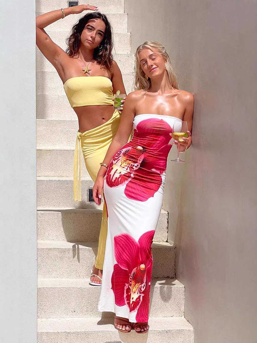 Womens Fashion Sexy Flower Print Strapless Long Dress Summer Vacation Elastic High Waist Slim Fit Party Evening Dress 2025 X260306
