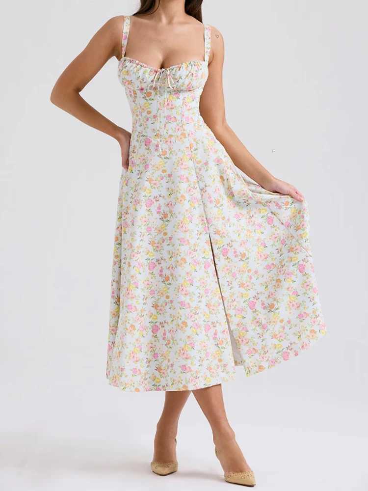 New Floral Midi Dress Bohemian Flowy Slit Dress Elegant Fashion Women Going Out A-line Casual Summer Sundress Print Halter Dress X260306