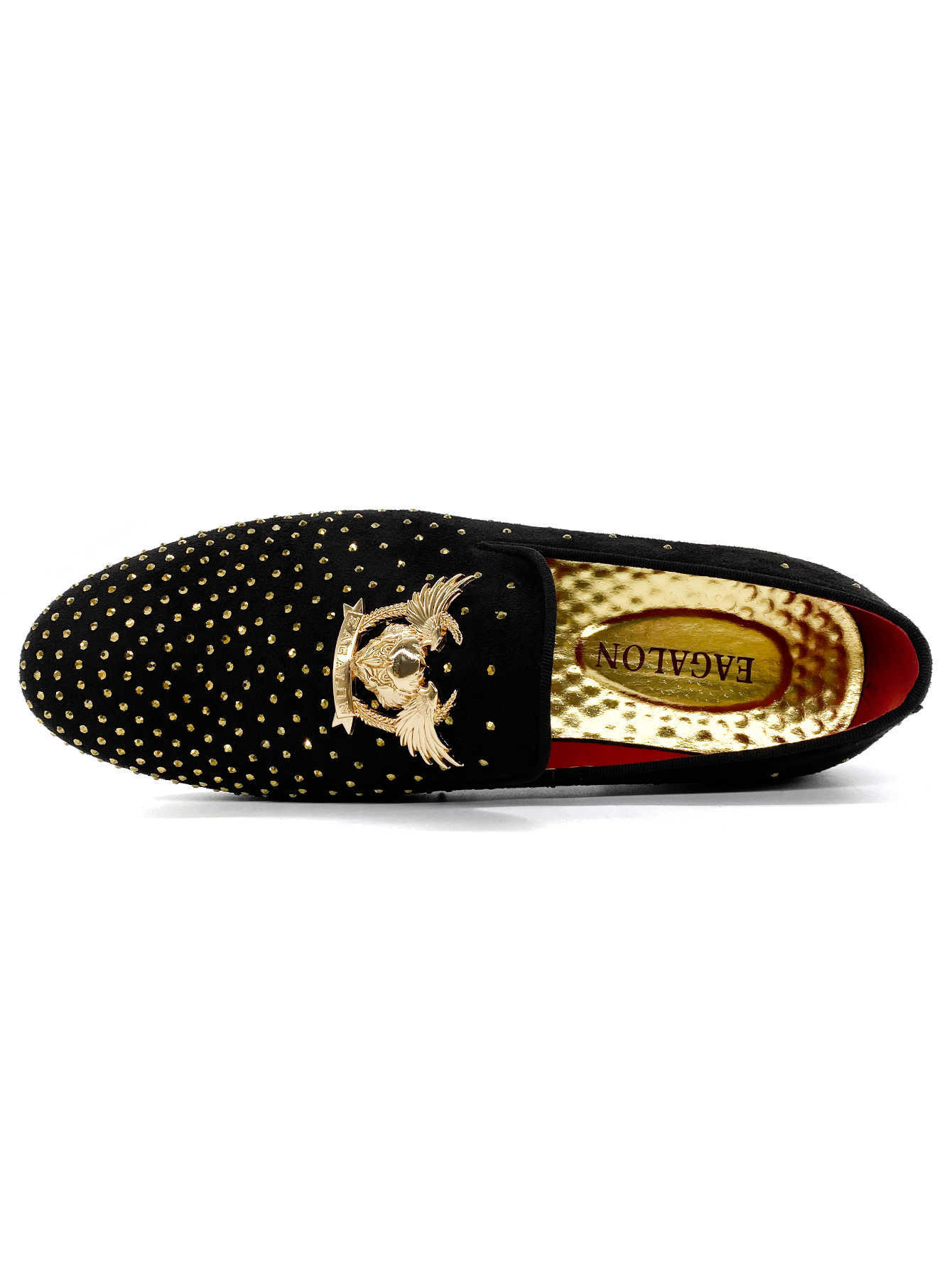 Men's Velvet Loafers Gold Studded Eagle Emblem Red Sole Slip On Dress Shoes Luxury Black Velvet Men's Loafers