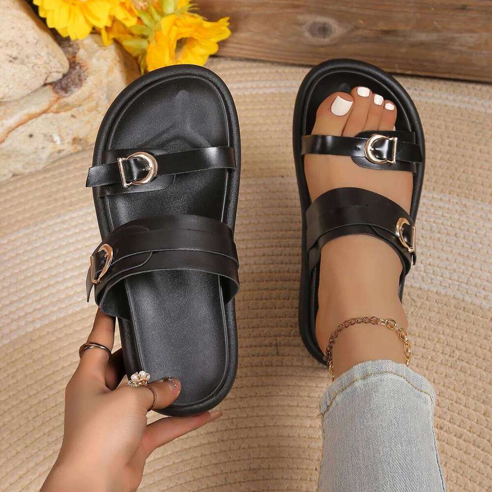2026 Casual Flat Women Beach Slippers Outdoor Thick Bottom Female Summer Slides Metal Buckle Soft Leather Ladies Roman Shoes