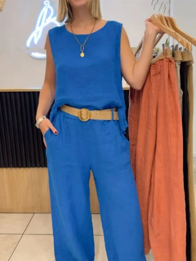 Summer Fashion Womens Commuting Style Cotton and Hemp Two Piece Set Round Neck Sleeveless Top Wide Leg Pants Set 260304