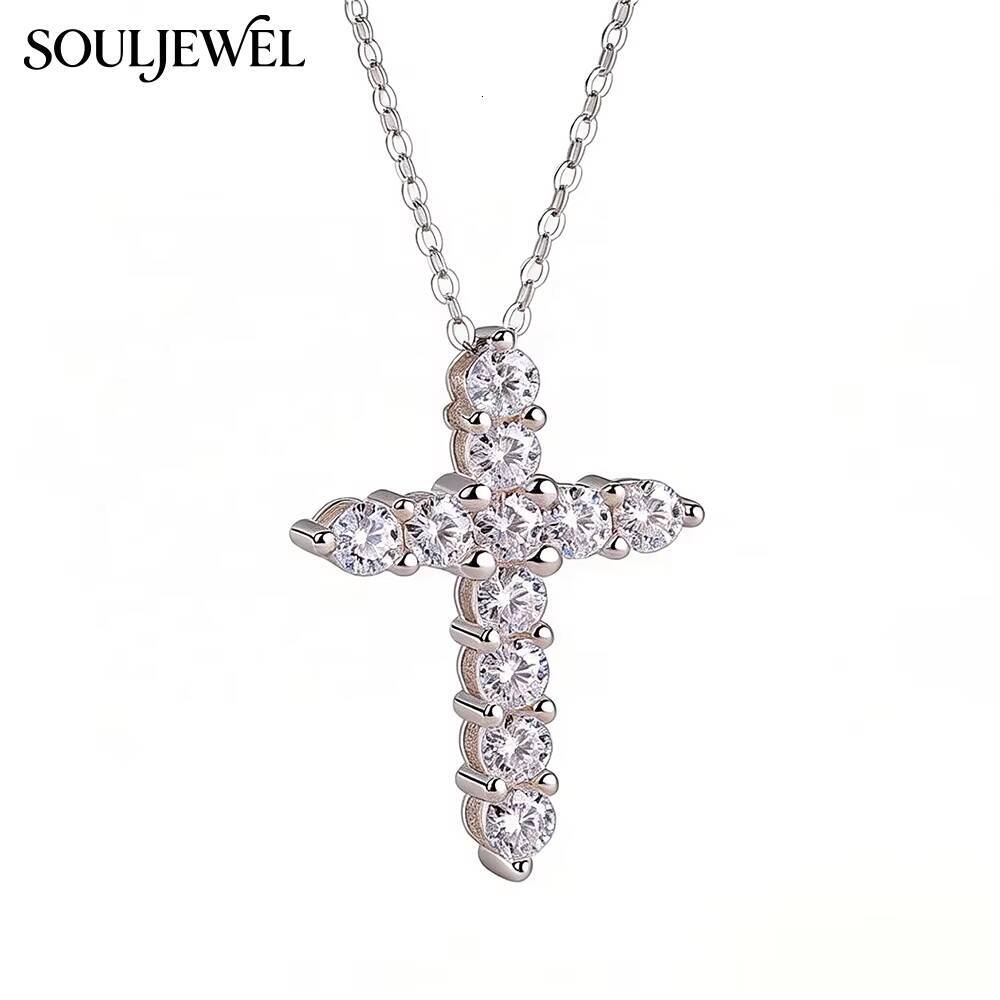 925 Silver Rhodium Plated Moissanite Cross Pendant Necklace Hip Hop Style Rope Chain Religious Jewelry Daily Wear Gift
