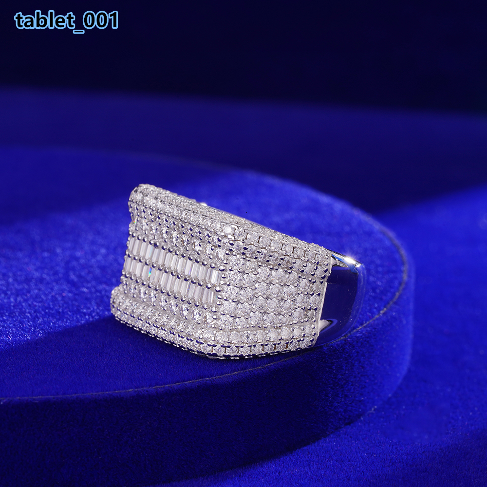 Hip Hop Fully Jewelry Iced Out Round Baguette VVS Moissanite Diamond 925 Sterling Silver Finger Square Ring for Mens