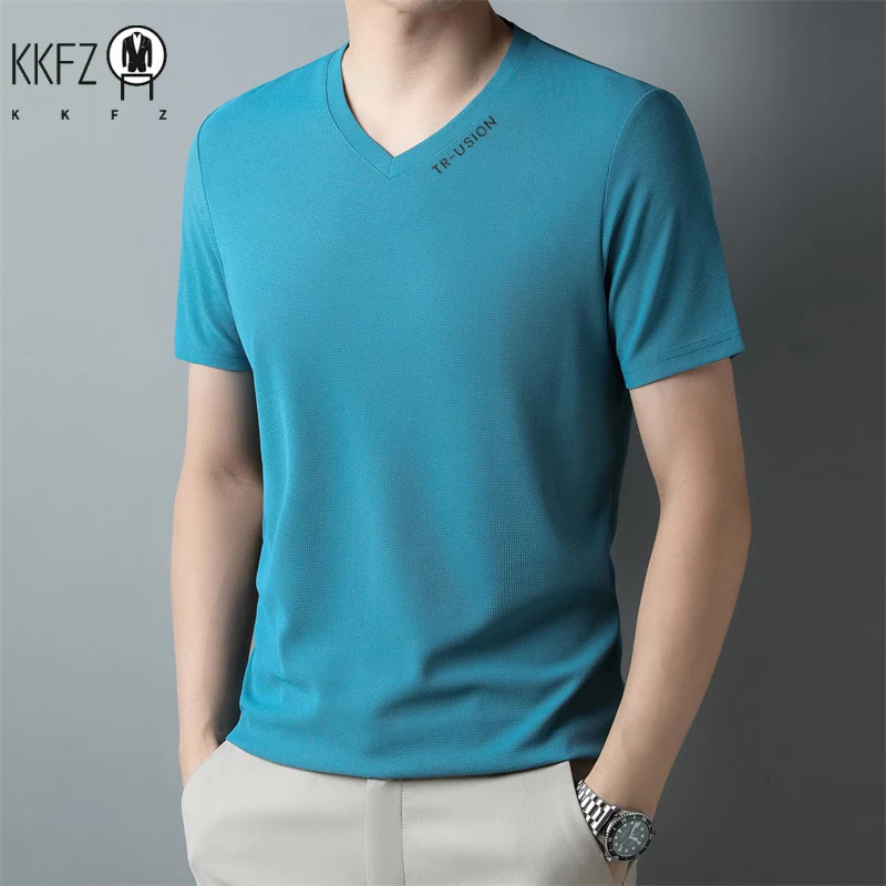 Mens Casual and Fashionable Vneck Solid Color Short Sleeved Tshirt Breathable Comfortable Summer Versatile Top 260302