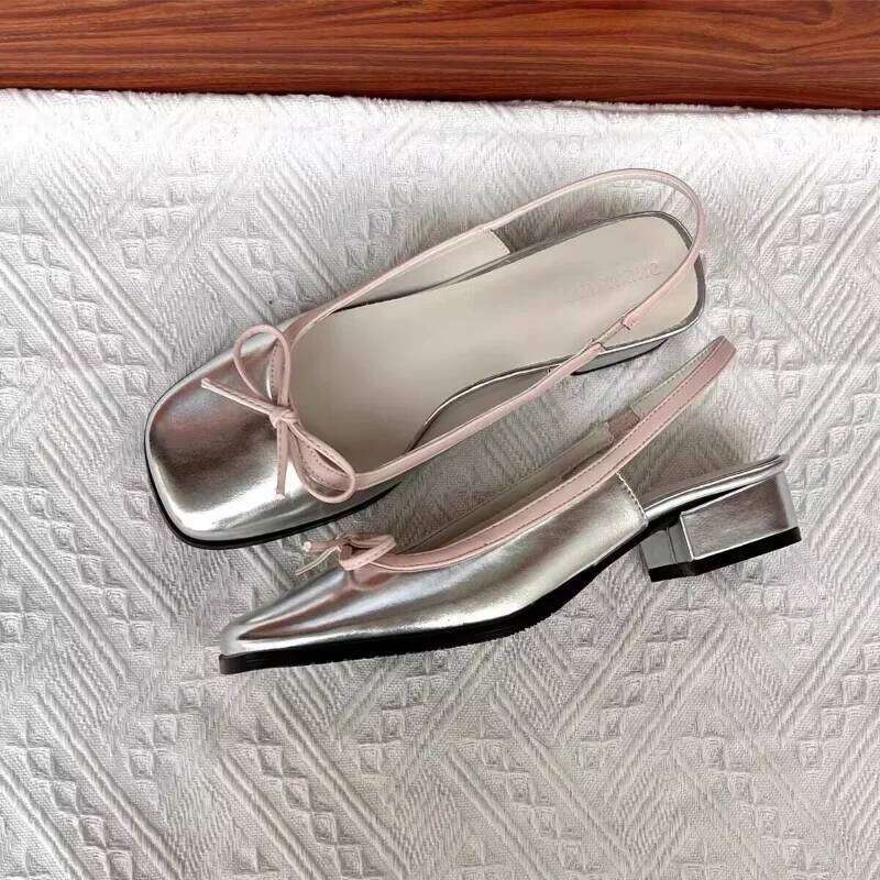 2025 Summer Sliver Boat Square Toe Slip on Flat Shoes for Woman Ballet Flats Comfortable Bow Women's Sandals