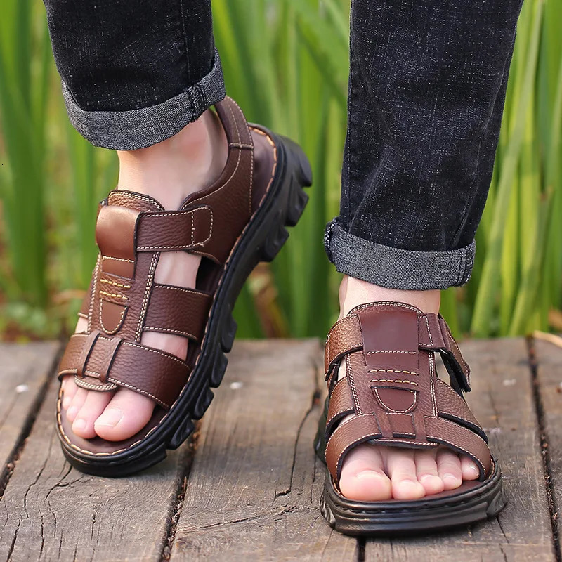 Loveontop Sandals Mens Beach Shoes Cowhide Slippers Outdoor Non-slip Thick-soled Leather Sandals for Me 260304