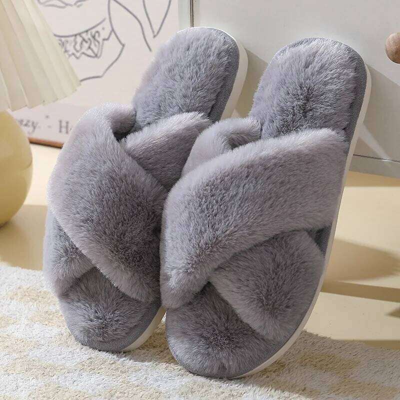 Litfun Winter Fuzzy Women's Non-slip Soft Sole Home Cozy Plush Lining Slides Flat Slip On Warm Outdoor Slippers