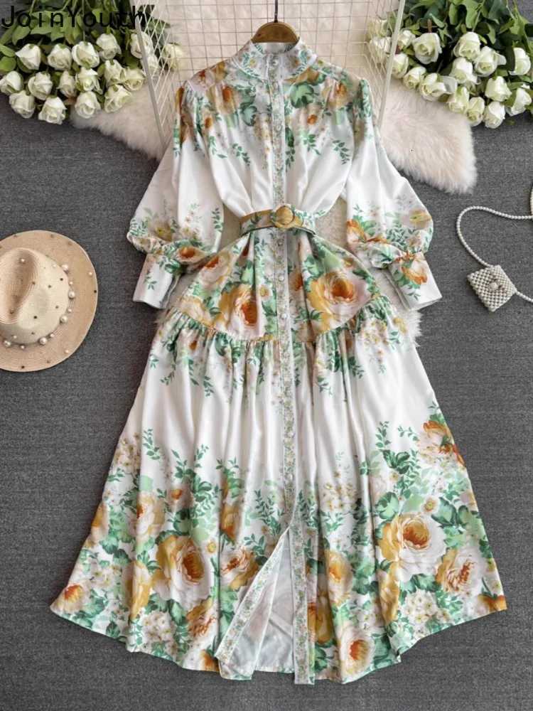 2025 Vestidos De Mujer Summer Dresses Women Print Floral Single Breasted Long Robe Femme High Waist Vintage Elegant Maxi Dress X260306