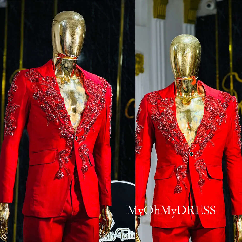 Elegant Men Suits 2 Pieces Appliques Crystal Notched Lapel Jacket Tailor-Made Blazer One Button Groom Evening Prom Party Customized Coat Pants Plus Si