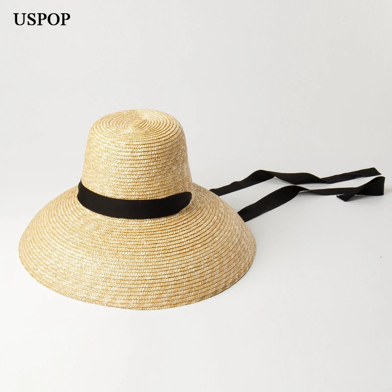 USPOP summer hats for women natural wheat straw hats high flat top long ribbon lace-up sun hats wide brim beach hats 260228