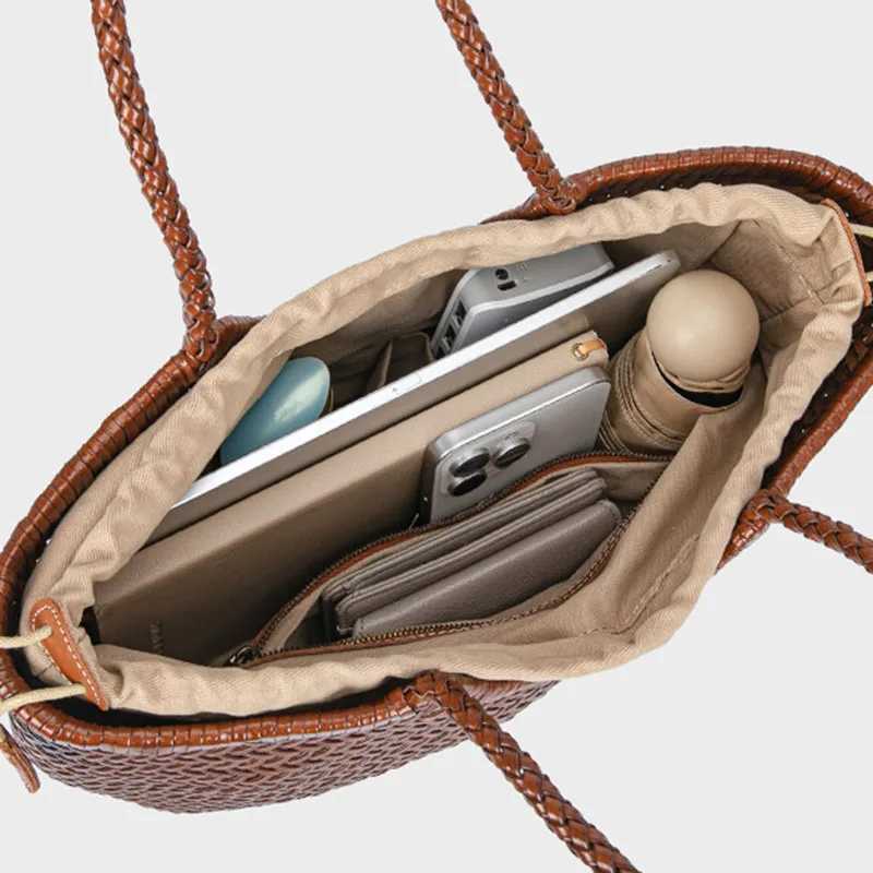 Handbags Womens Genuine Leather Shoulder Bag Weaving Casual Shopping Bag Vintage Big Tote Purse Cowhide Cross Hand Bags Lady H260306