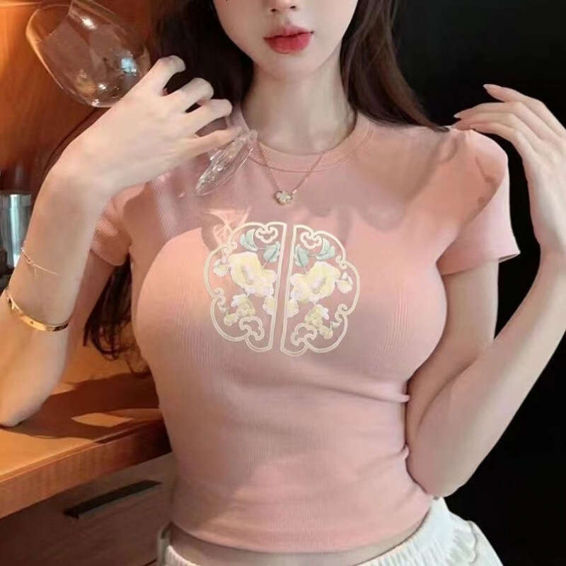 New Chinese Style round Neck Short Sleeve Women's T-shirt Summer Slim Fit Short Length Sweet And Spicy Girl Top Embroidered Pure Cotton Slim Fit 