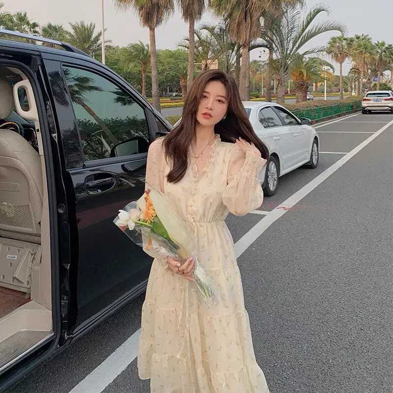 V-neck Elegant Sweet Dress Women Long Sleeve Chiffon Floral Dress Party Beach Dress for Females Korean Style 2021 Summer Chic X260306