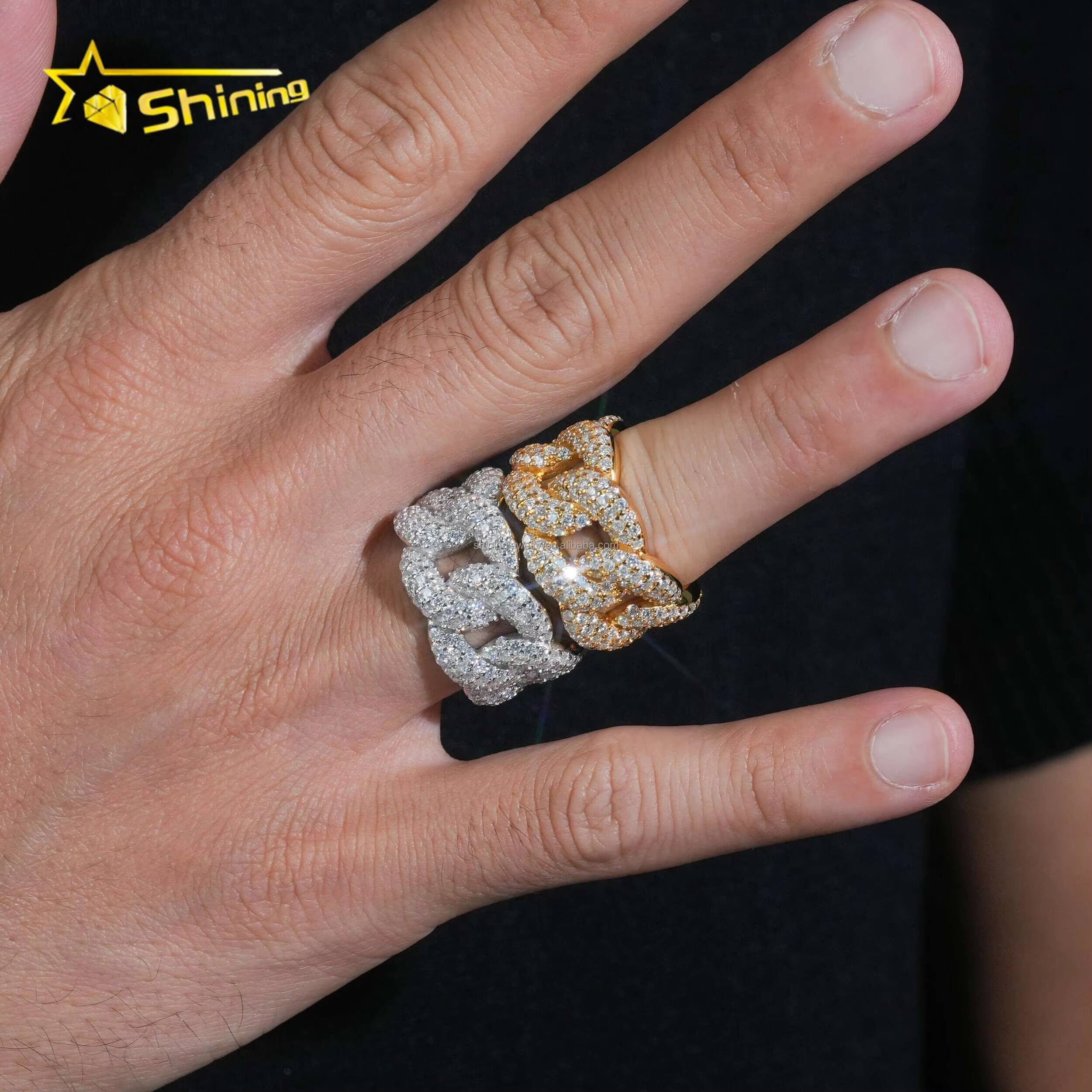 3Row Stones Moon Shape Fire Shining Jewelry Iced Out Man Jewelry Fully 925 Silver FL Moissanite Diamond Miami Cuban Band Ring