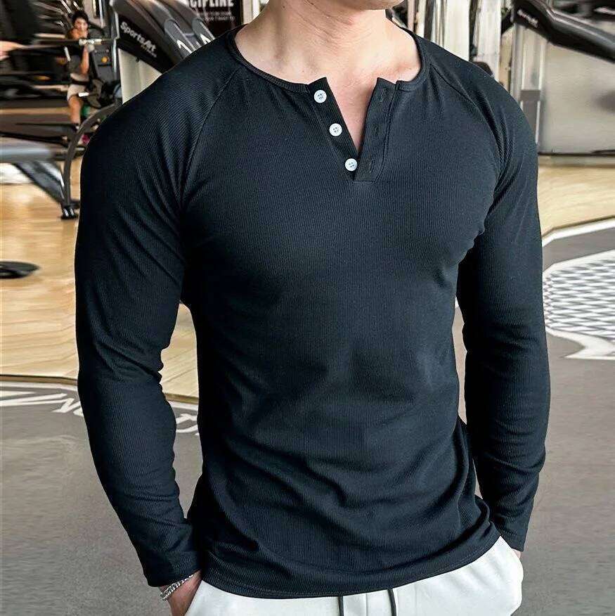 Men's Long Sleeved Henley Fitness Sports Tops Tees Button Neck Casual Cozy Tshirt Fit Autumn T-shirt for Daily We 26H0306
