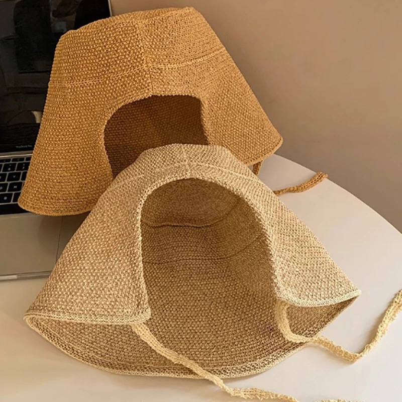 Linen Straw Regency Bonnets Hats For Women Sun Hats Bow Beach Cap Big Wide Brim Cloche Hat Chapeau Femme Lace Up Outdoor Summer 260228