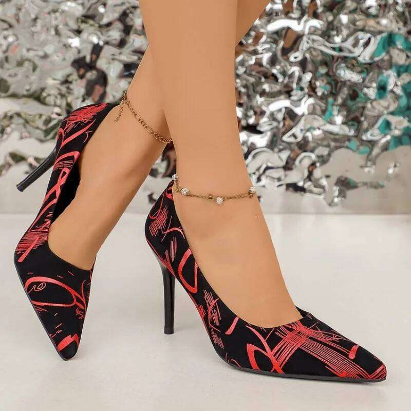 2026 Spring Plus Size Stiletto Heels Sexy Pointed Toe Graffiti Pumps | Color Block Party Dance Shoes For Women