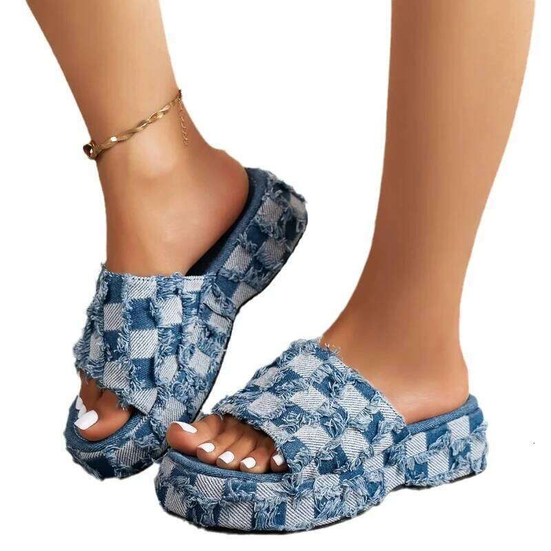 2025Women Denim Summer Beach Women Retro Slip on Wedges Platform Casual Open Toe Flat Sandals Jeans Canvas Slides