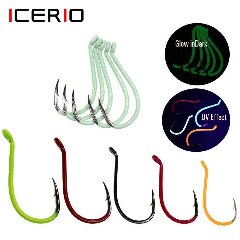 ICERIO High Carbon Steel Fishing Hooks Luminous or UV Fluo Offset Octopus Beak Hook Saltwater Fishhook Accessories #10-#10/0 Y260305