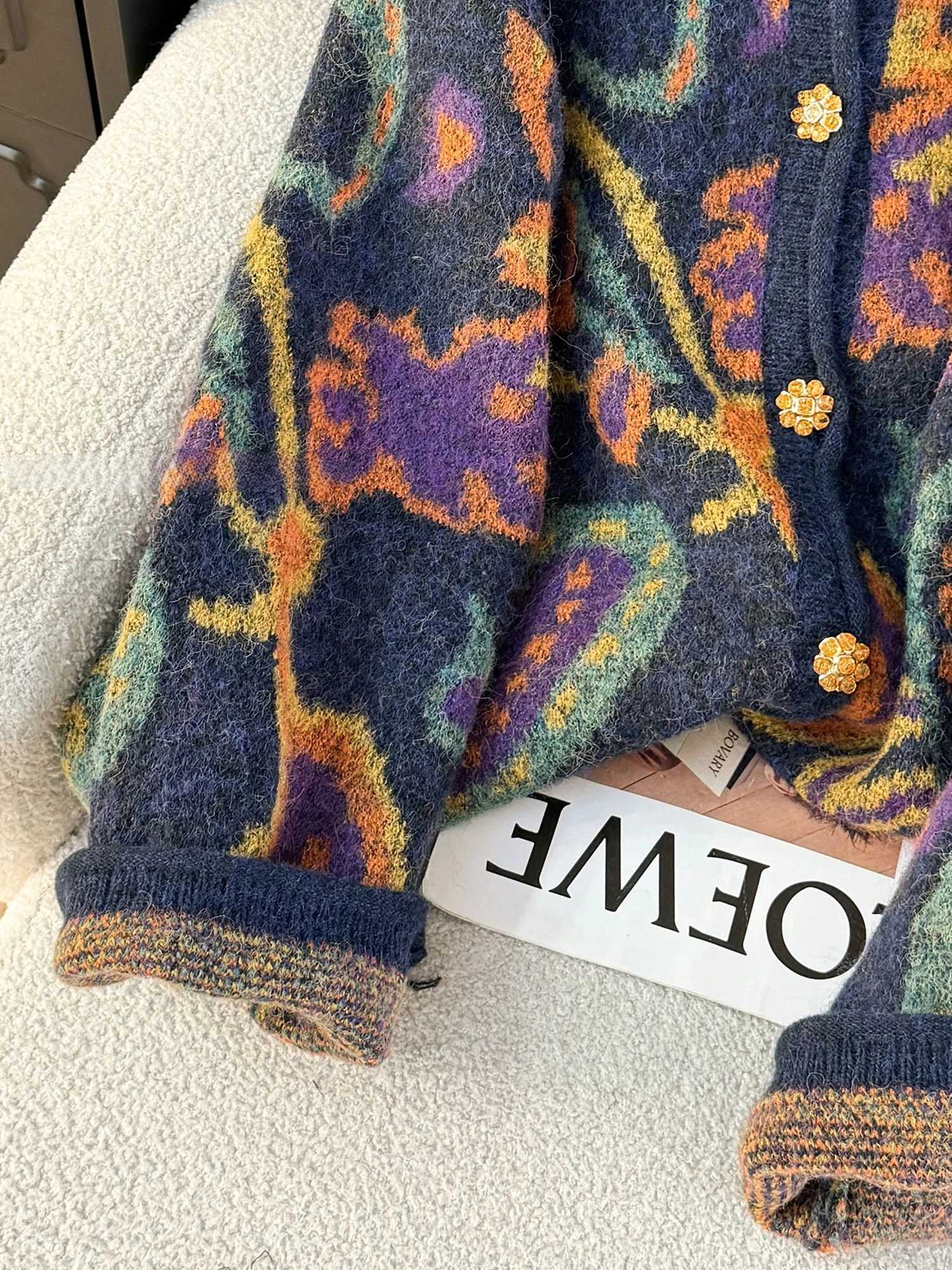 Autumn Retro Sweater Cardigan Women Korean Fashion Thick Metal Embroidery Knitted Gentle Vintage Clothes M260306