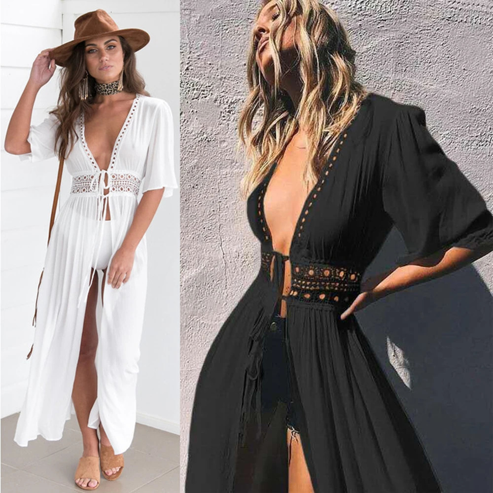 Womens Summer Dress Lady Lace Boho Beach Swimsuit Bikini Cover Up LaceUp Long Blouse Hollow Out Sun Protection Cardigan Shawl 260228