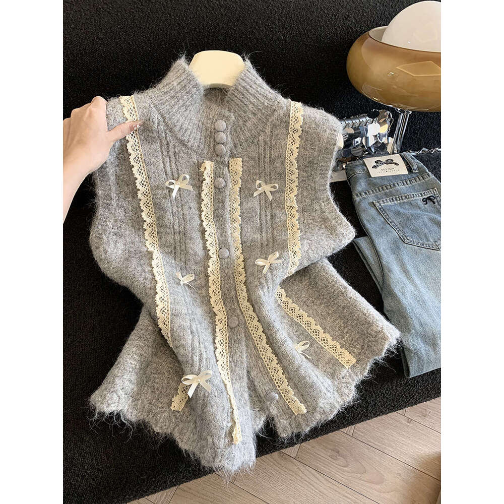 Lace Trimmed Half-High Collar Knit Vest for Women, Designer Spring Layered Soft Sleeveless Waistcoat, Trendy A10322