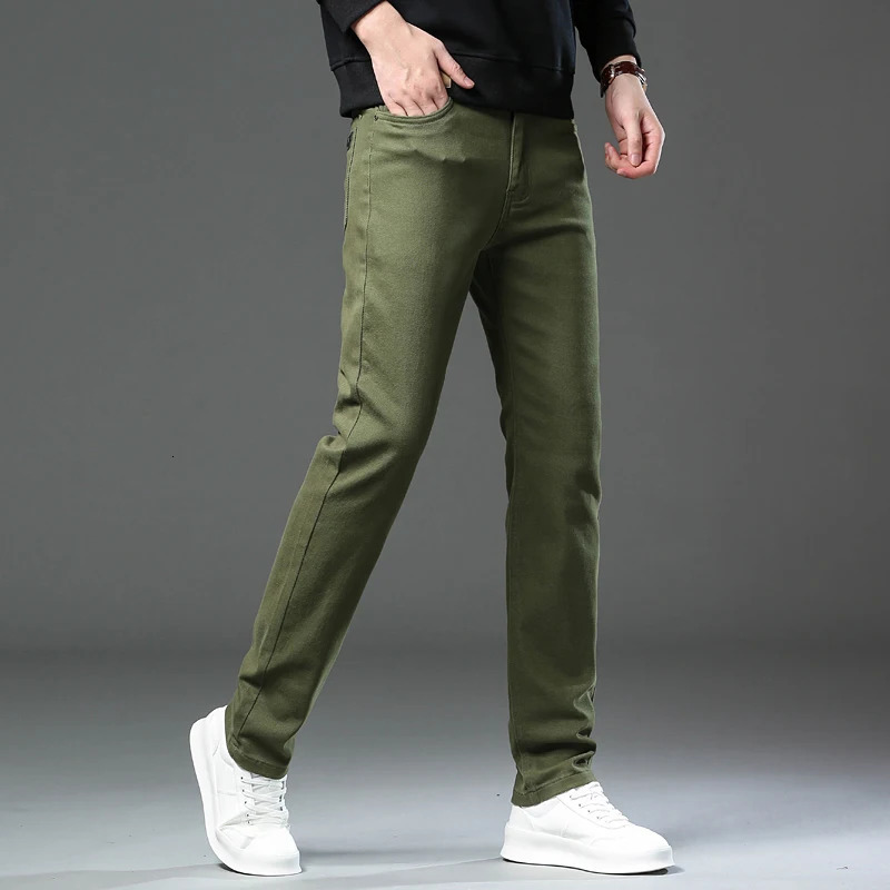 Large Size 42 44 Autumn 98 Cotton Mens Stretch Slim Jeans ArmyGreen Soft Comfortable Casual Straight Denim Pants Trousers 260228