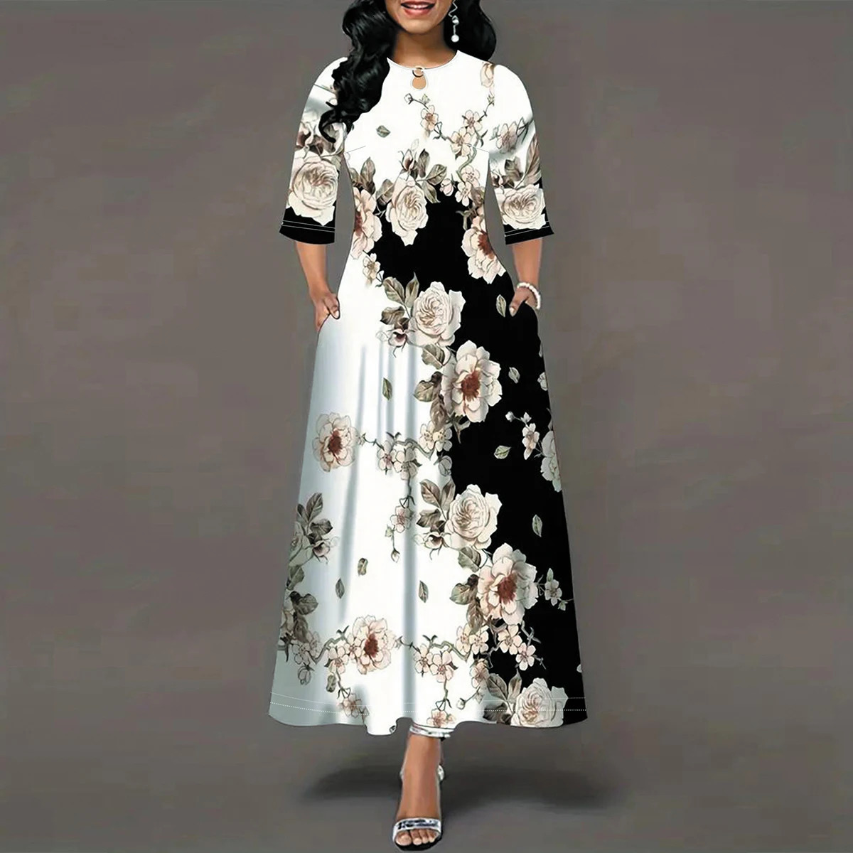 Womens Casual Dress Plus Size Print Half Sleeve Round Neck Maxi With Pockets 260302