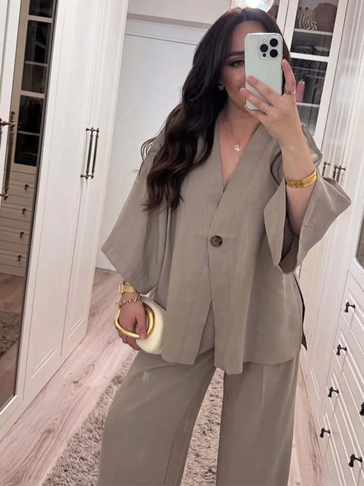 Solid Cotton Linen Shirt Pants Suits Women V-neck Long Sleeve Single Button Tops High Waist Wide Leg Pants Casual Ladies Outfits 260304