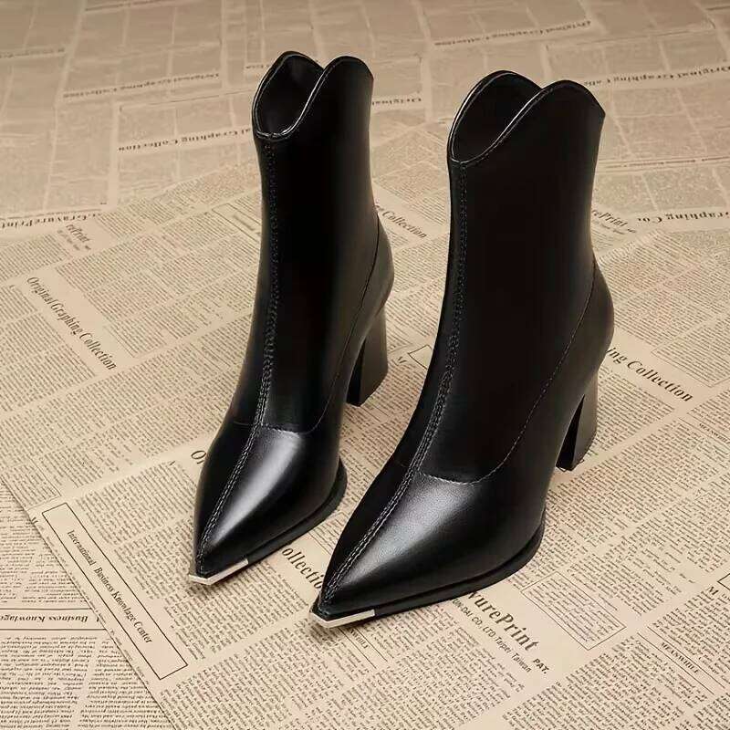 2025 Winter Women's Black Pointed Toe Cowboy - Chunky Heel Zip Ankle Patent Leather Fashion Party Boots